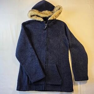 Charles River Apparel Navy Fleece Faux Fur Hooded Jacket Womens XS Full Zip